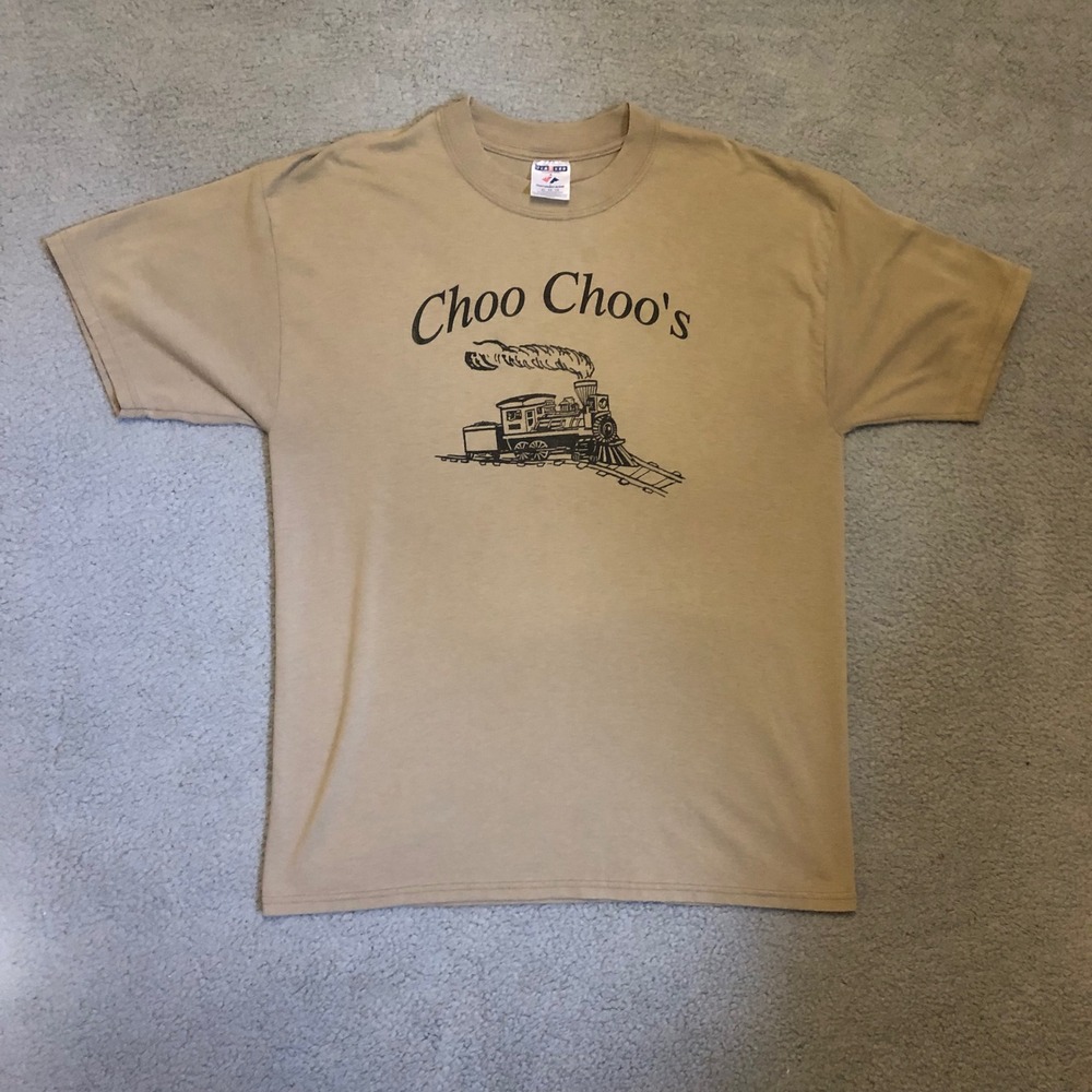 Vtg Jerzees Choo Choo's Train Graphic Tee Tan XL Heavyweight Blend Locomotive